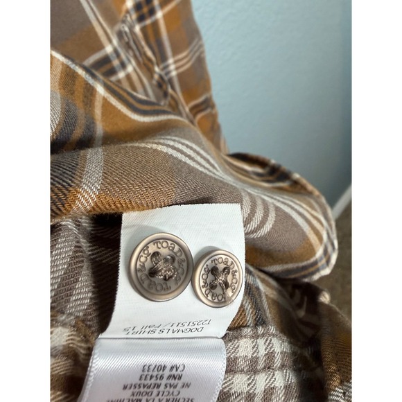 TOAD&CO Mens Flannel Plaid Button Up Shirt Cotton XL Brown Navy Western FLAW - Picture 13 of 14